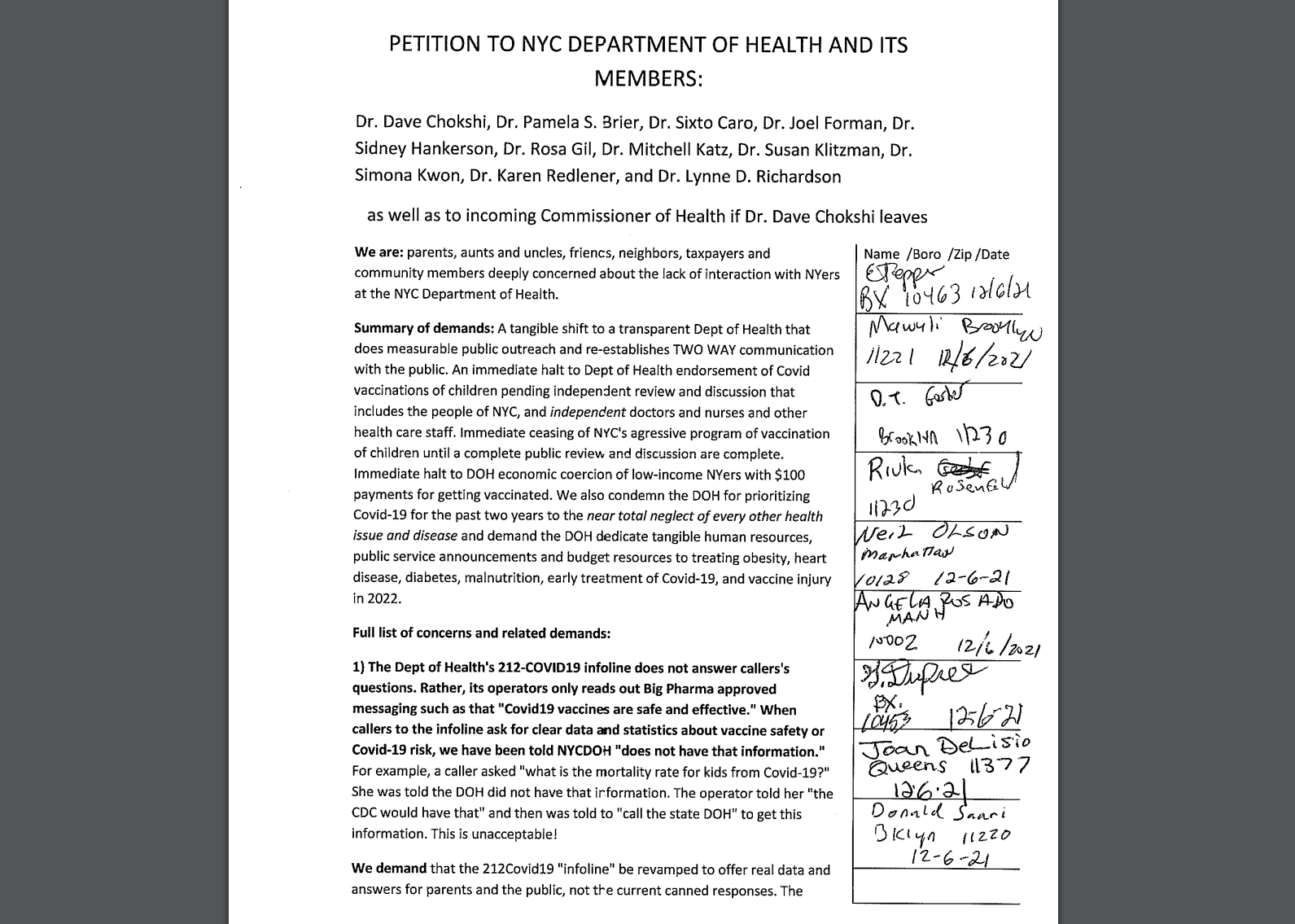 NYC Department of Health Petition